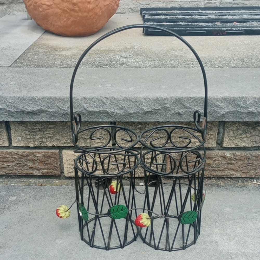 Black Wrought Iron Bottle Holder w/ 3D Red Decorative Strawberries